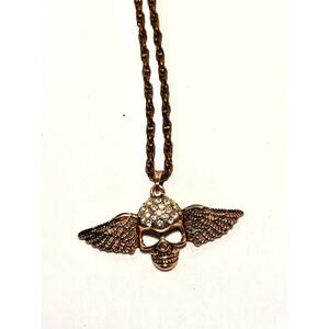 Bronze-tone Winged Skull with Rhinestones Necklace